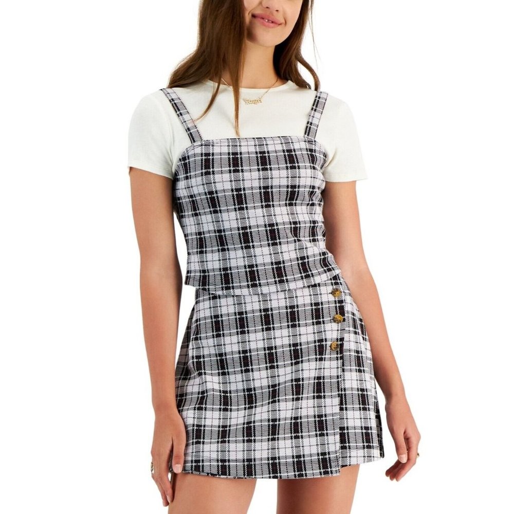 Self Esteem Juniors' Size Medium Printed Layer-Look Top White/Purple Plaid NWT